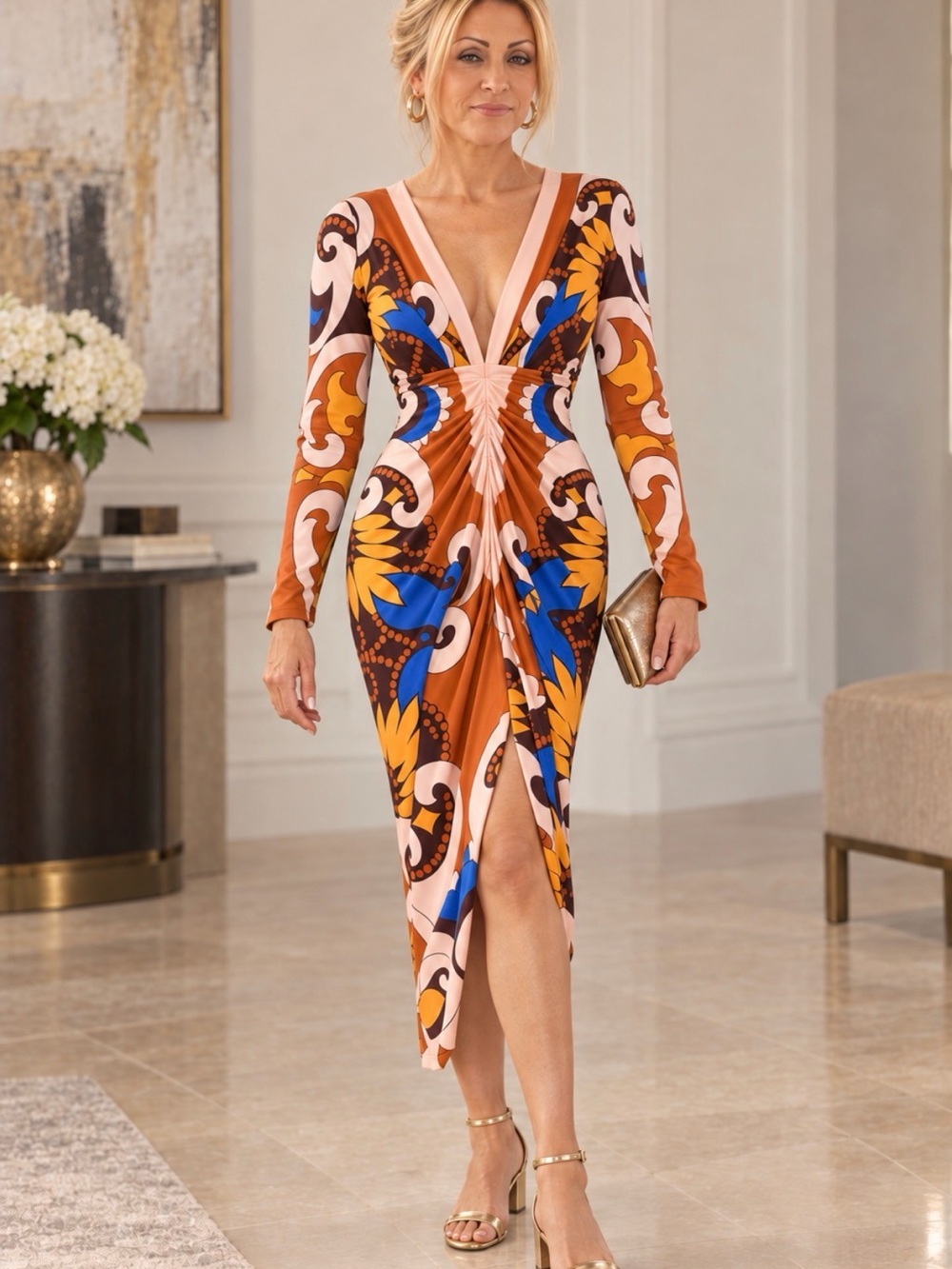 Deep V-Neck Brown & Blue Printed Midi Dress